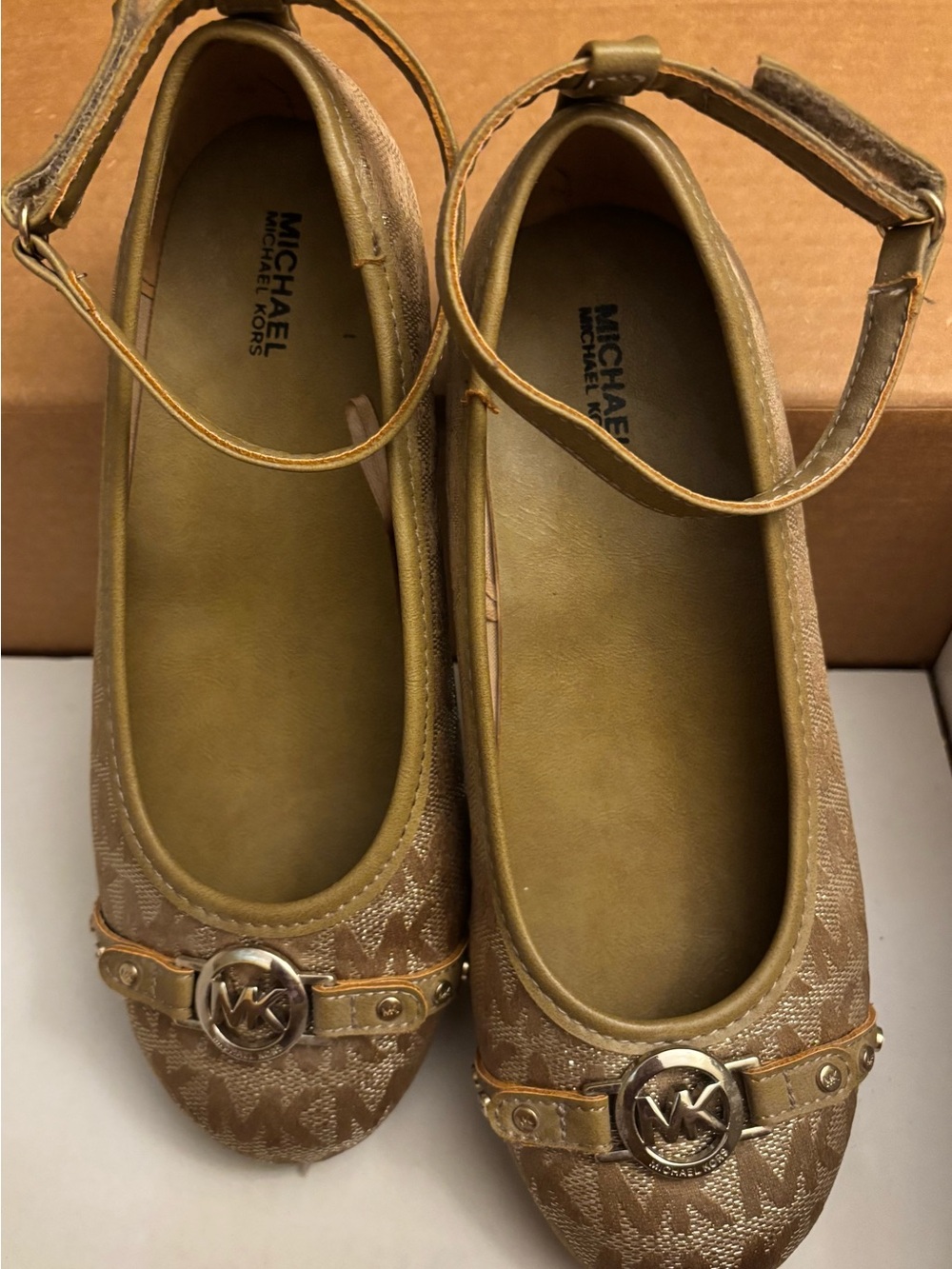 Michael Kors Junior’s Brown Logo Ballet Flats with Ankle Strap